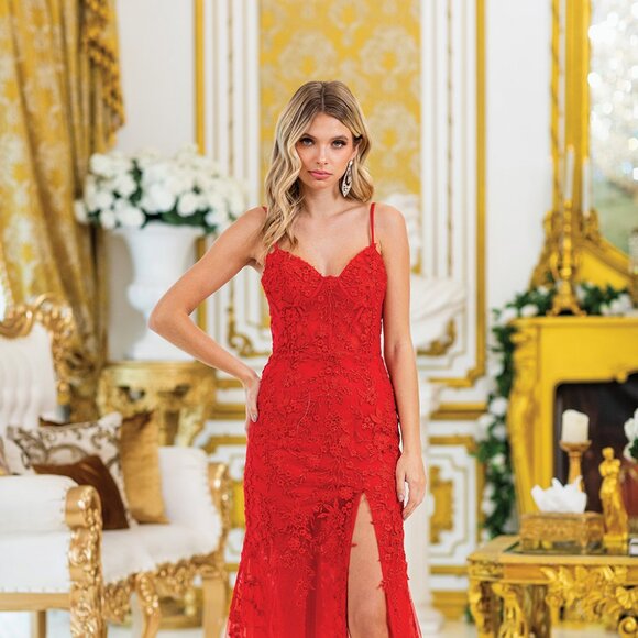 New Red Floral Lace Embellished Long Sheath Festive Gown w/ Leg Slit DQ 4501 - Picture 7 of 9